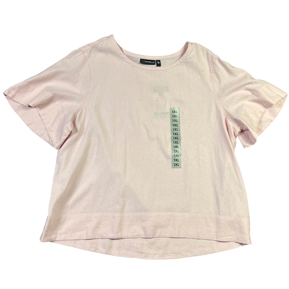Rafaella Linen Blend Blouse 1XL Almond Blossom Pink Flutter Sleeve Coastal Plus